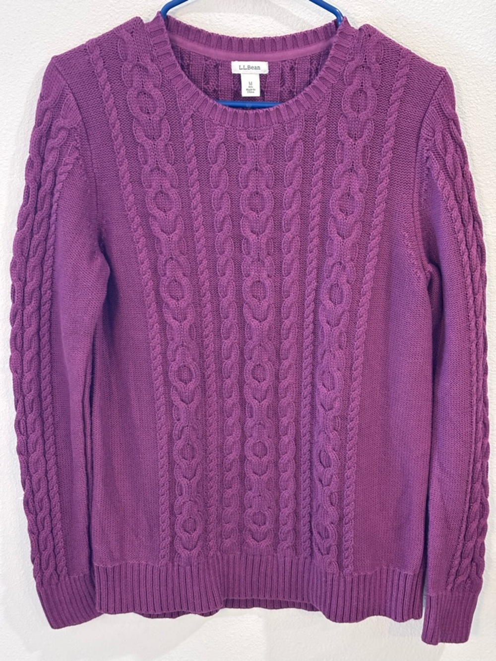 L.L. Bean Cable-Knit Crewneck Sweater, Women’s Size Medium, purple/plum